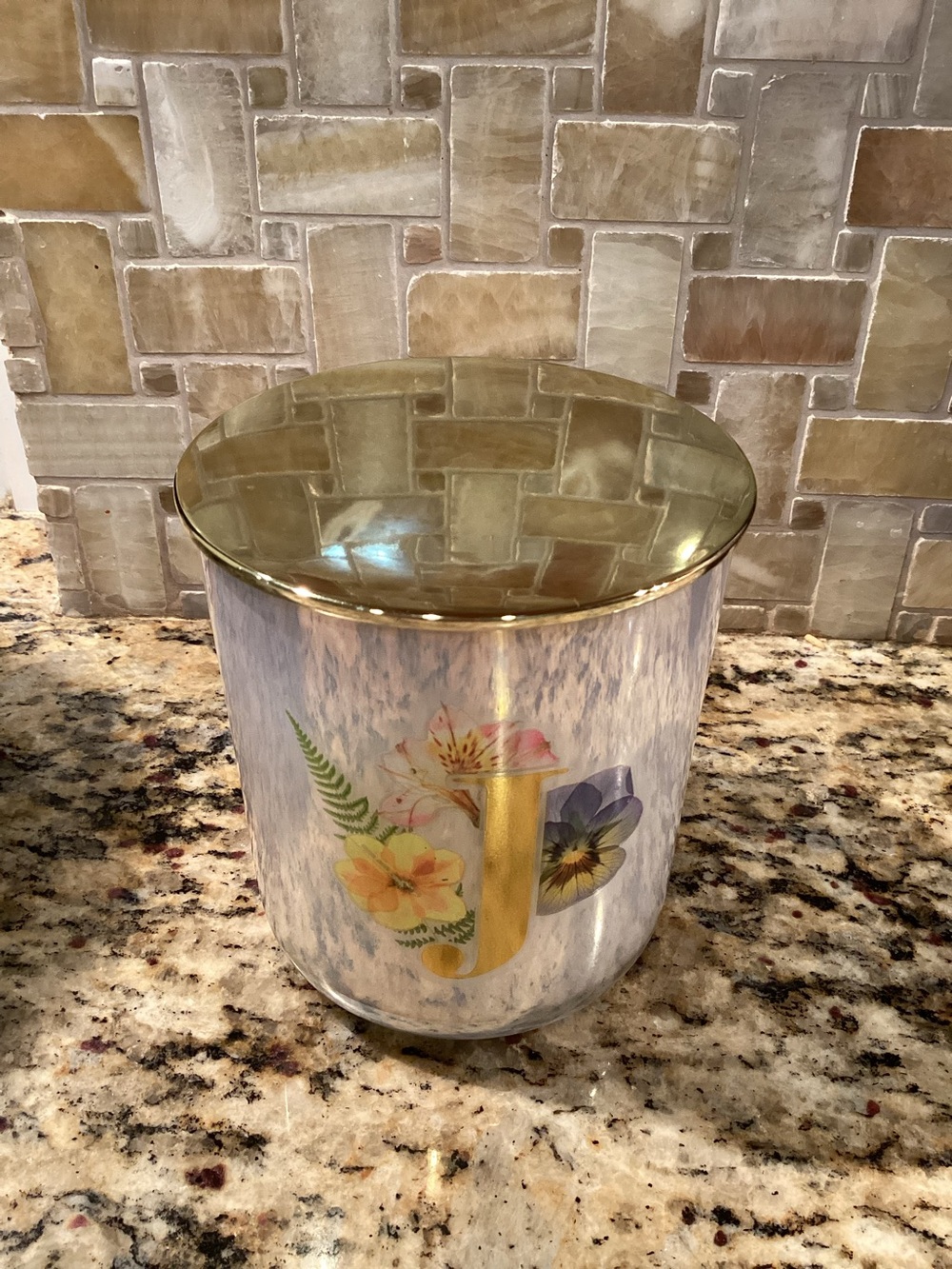 Gold-Accent Floral Monogram J Decorative Jar